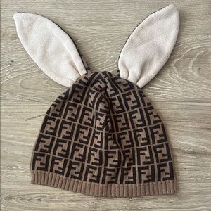 Fendi Brown & Cream Logo Bunny-Ear Kids Beanie